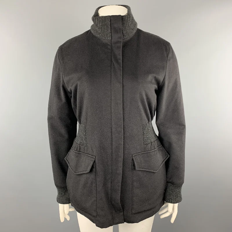 Deep Discounts LORO PIANA Size 10 Charcoal Cashmere High Collar Ribbed Waist STORM SYSTEM Jacket
