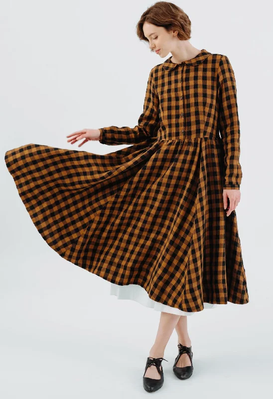 Deal Explosion Classic Dress, Long Sleeve, Brown Checkers