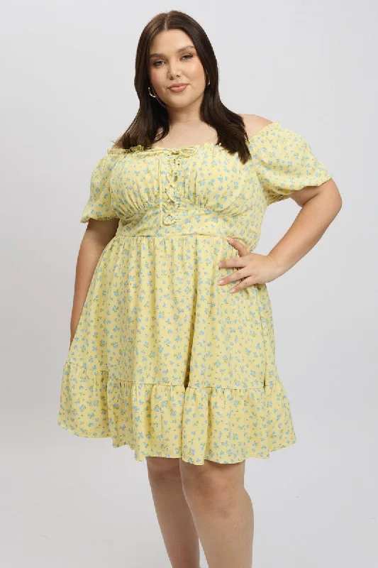 Buy Now Yellow Ditsy Lace Up Puff Sleeve Minidress