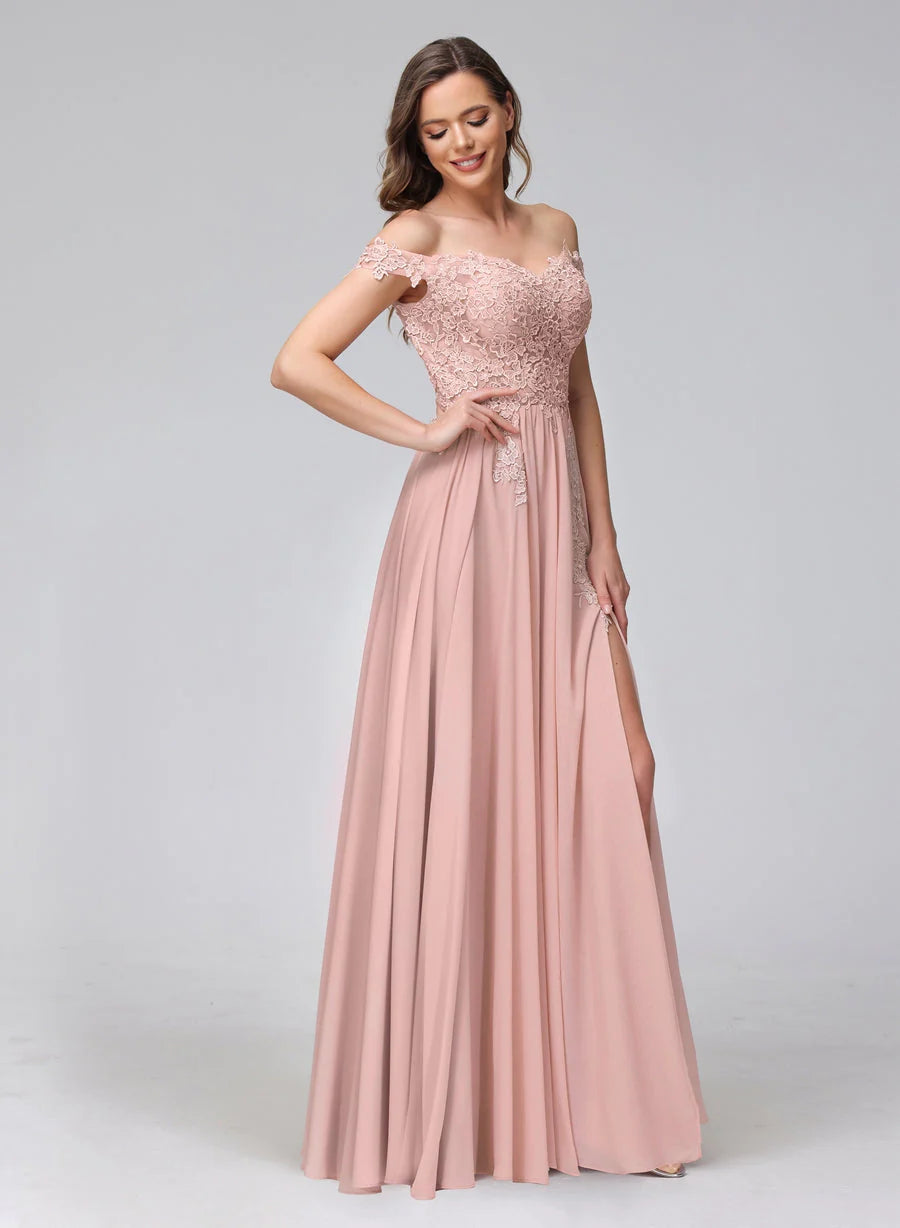 Limited Stock A-Line Off-The-Shoulder Sleeveless Appliqued Chiffon Long Bridesmaid Dresses With Side Slit