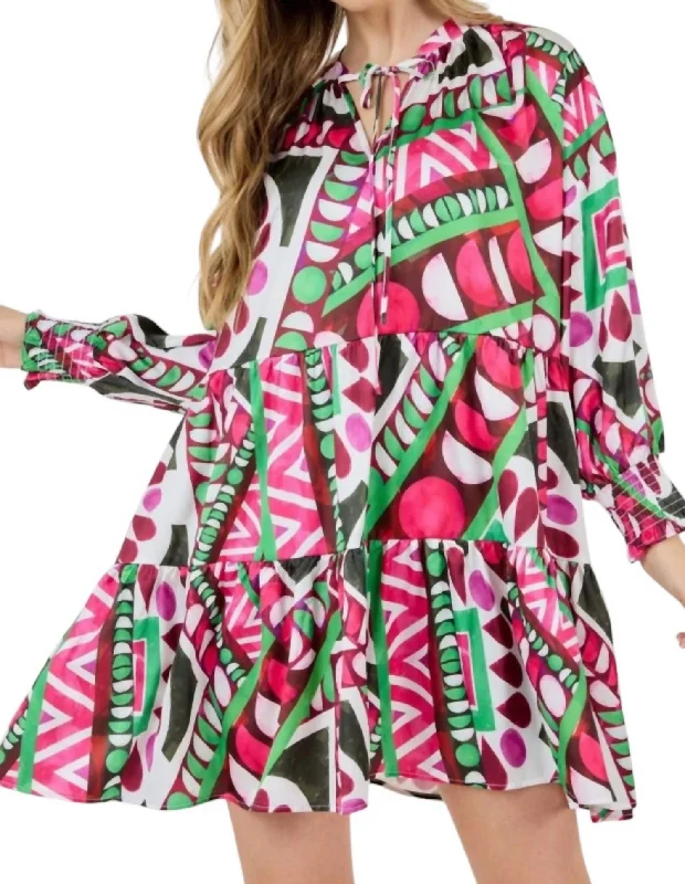 Price Cut Neck Bow Tie Long Sleeve Dress In Lipstick Multi