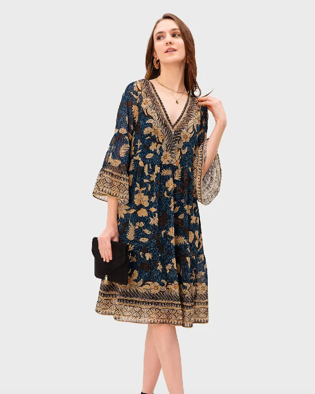 Deal Frenzy Floral Print Georgette Tier Dress | Navy