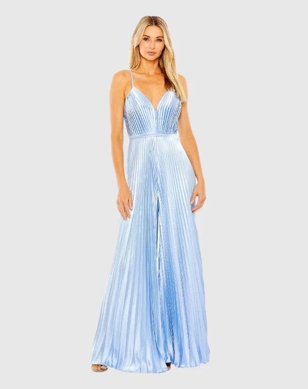 Weekend Flash Sale Light Blue Pleated Plunge Neck Wide Leg Jumpsuit
