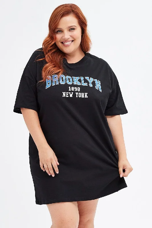 Shop and Save Black T-shirt Dress Short Sleeve Brooklyn Logo Cotton