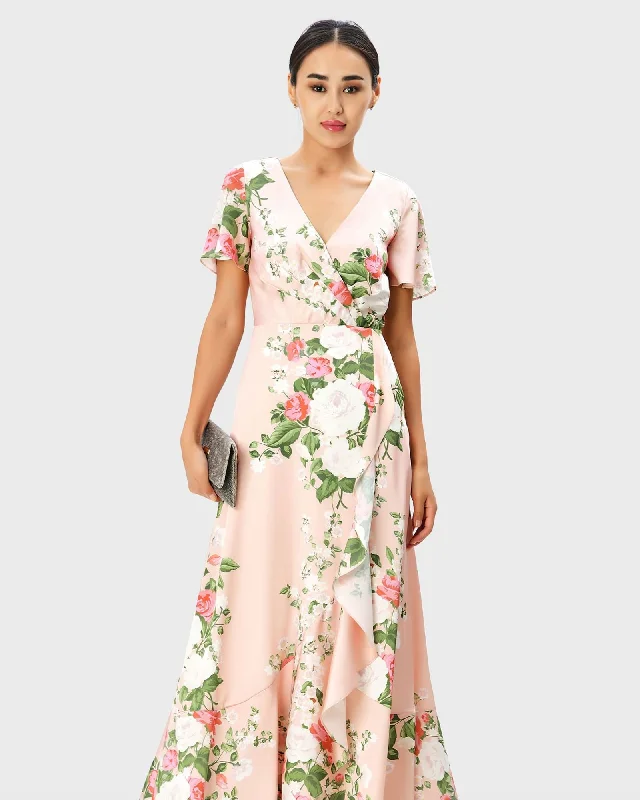Final Markdown Floral Print Satin Faux-Wrap Dress | Peach