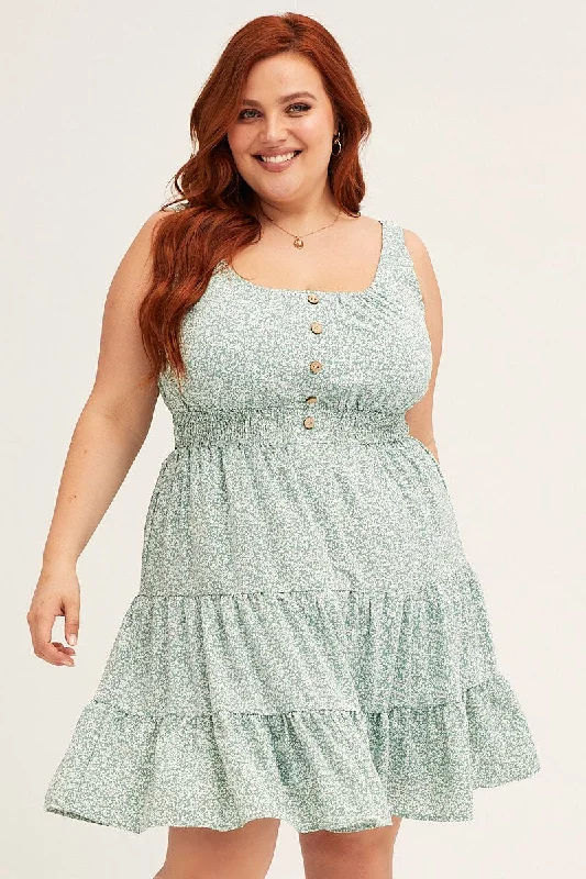 Price Cut Ditsy Print Fit And Flare Dress Sleeveless Mini Button Front