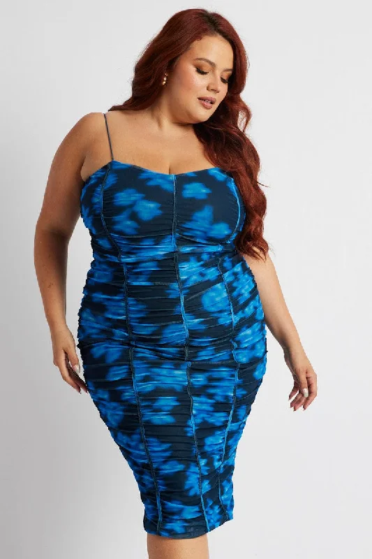 Buy Now Blue Floral Mesh Ruched Midi Dress