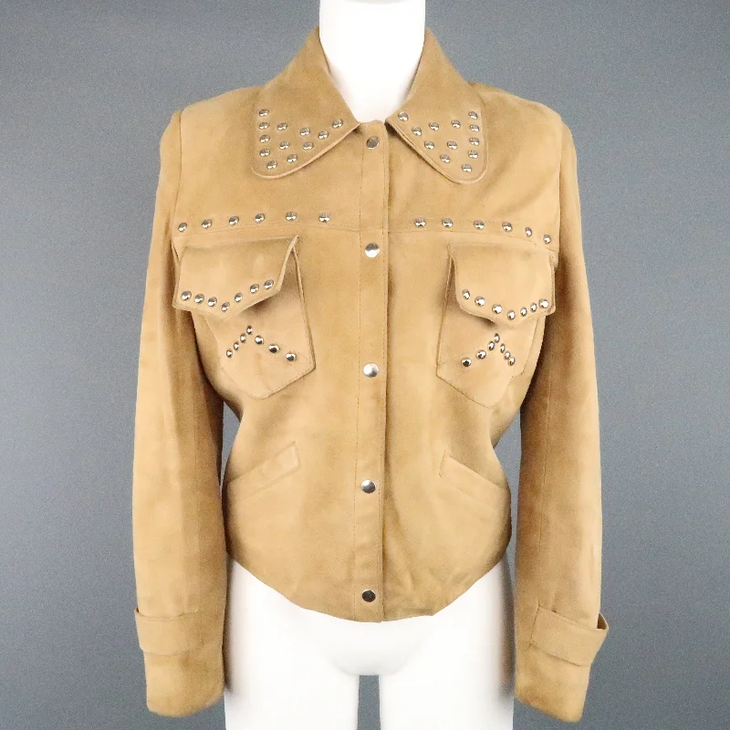 Bargain Bin Vintage I.MAGNIN Size 12 Tan Studded Suede Cropped Snap Jacket