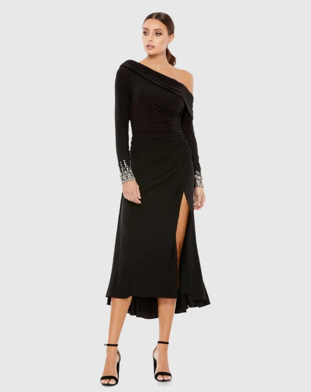 Closeout Sale Black Foldover Long Sleeve Jeweled Midi Dress