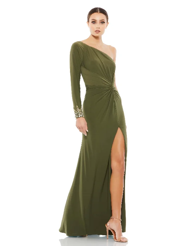 Holiday Sale One Sleeve Beaded Cuff Side Twist Gown