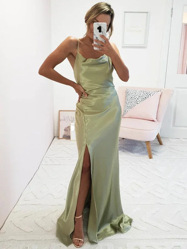 New Markdowns Sheath/Column Silk like Satin Ruched Spaghetti Straps Sleeveless Sweep/Brush Train Dresses