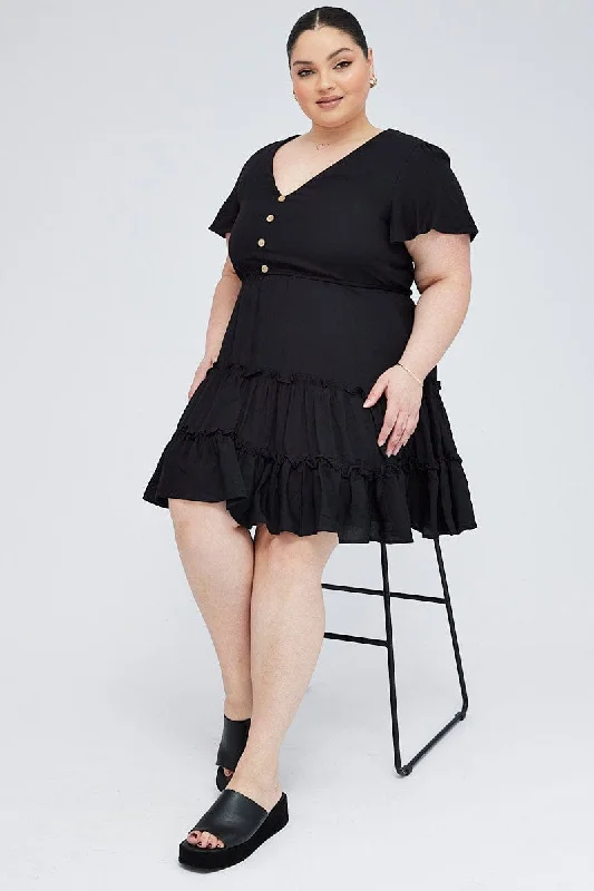 Bonus Savings Black Fit And Flare Dress Short Sleeve V-neck
