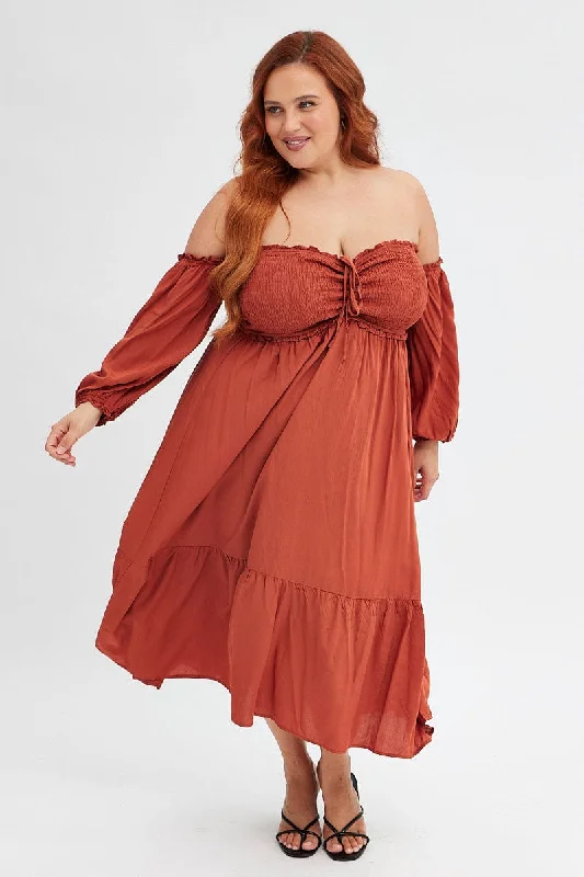 Sale Event Rust Midi Dress Off Shoulder Shirred
