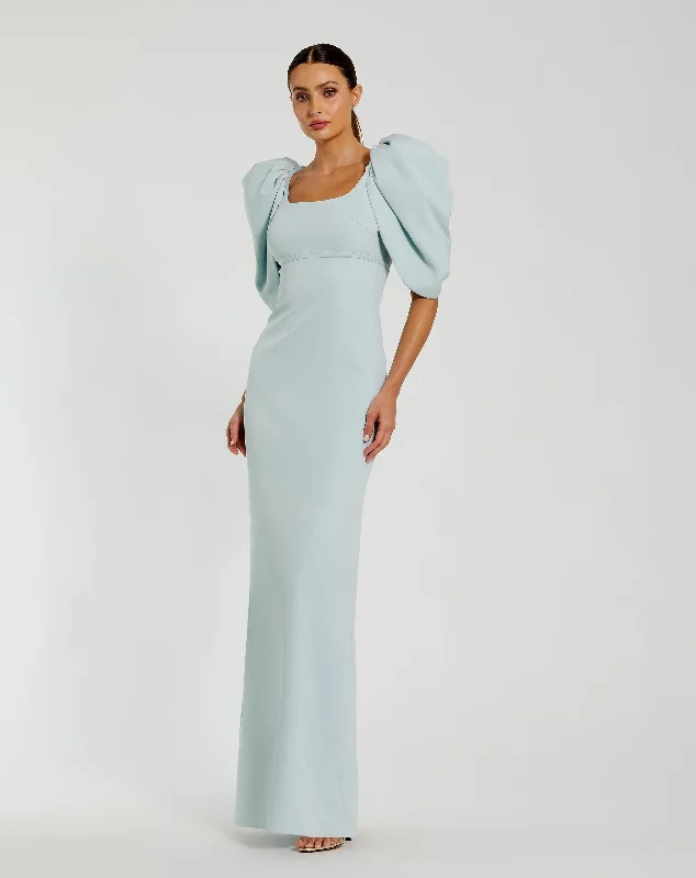 Customer Appreciation Sale Blue Fitted Crepe Scoop Neck Gown With Puff Sleeves