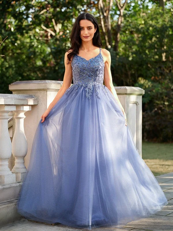 Customer Appreciation Sale A-Line/Princess Tulle Applique V-neck Sleeveless Floor-Length Dresses Customer Appreciation Sale A-Line/Princess Tulle Applique V-neck Sleeveless Floor-Length Dresses