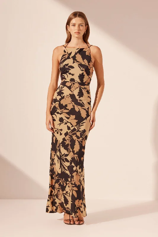 Don't Miss LAI SILK HIGH NECK RUCHED MAXI DRESS