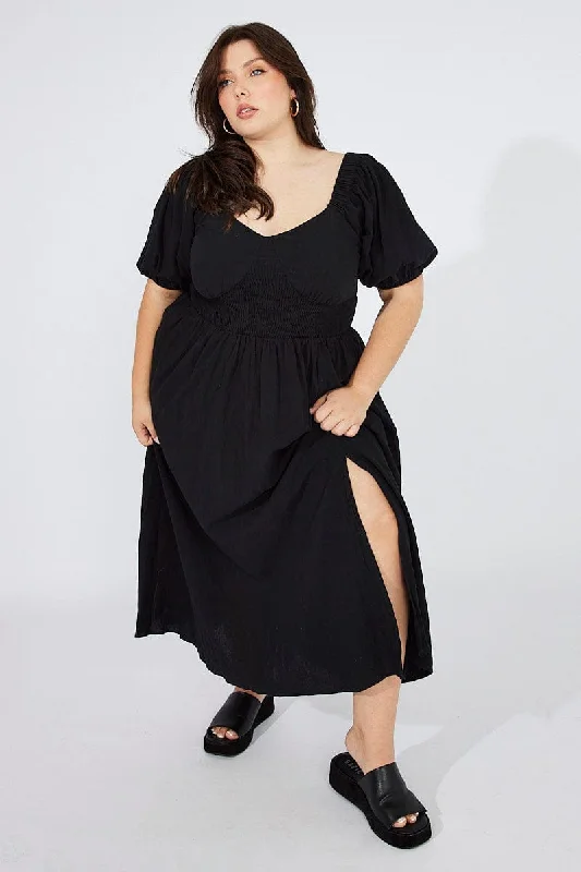 Special Price Black Midi Dress Puff Sleeve Front Split