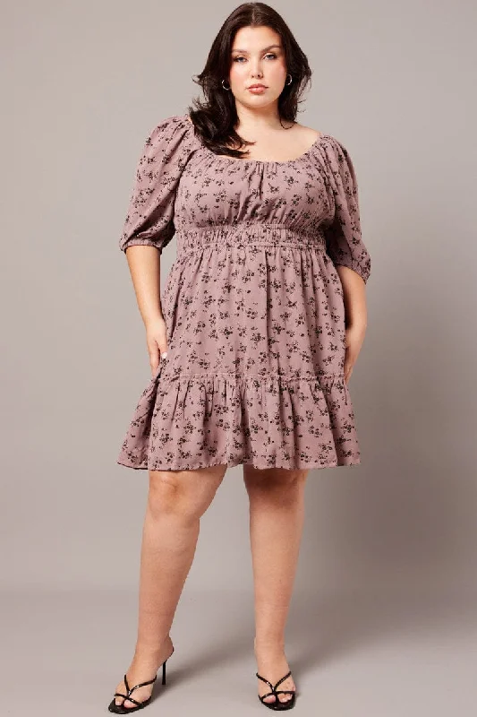 Price Meltdown Purple Ditsy Gather Waist Minidress