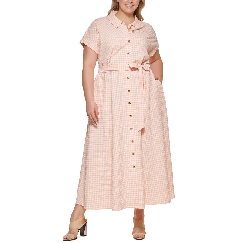 Mega Sale Plus Womens Gingham Seersucker Shirtdress