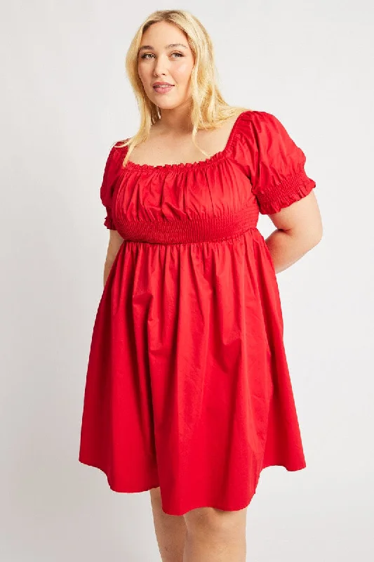 Deal Zone Red Shirred Waist Cotton Poplin Minidress
