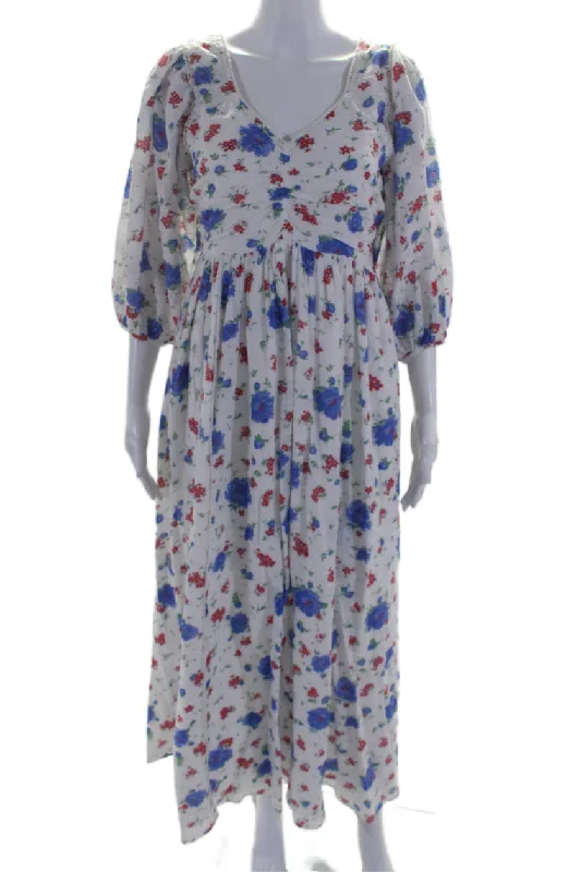 Weekend Deal Love Shack Fancy Womens Cotton Floral Print V-Neck Maxi Dress White
