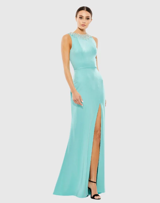 Great Bargains Blue Sleeveless Rhinestone Collar Column Gown