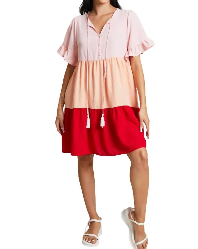 Weekend Special Tiered Color Block Dress In Coral
