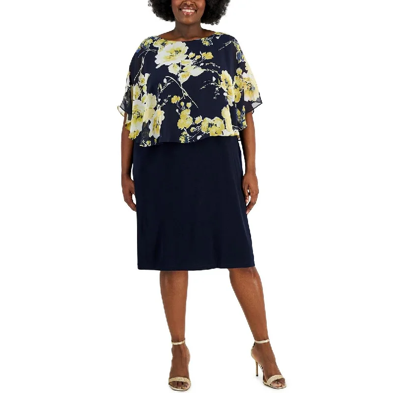 Online Only Plus Womens Cape Overlay Mid-Calf Midi Dress