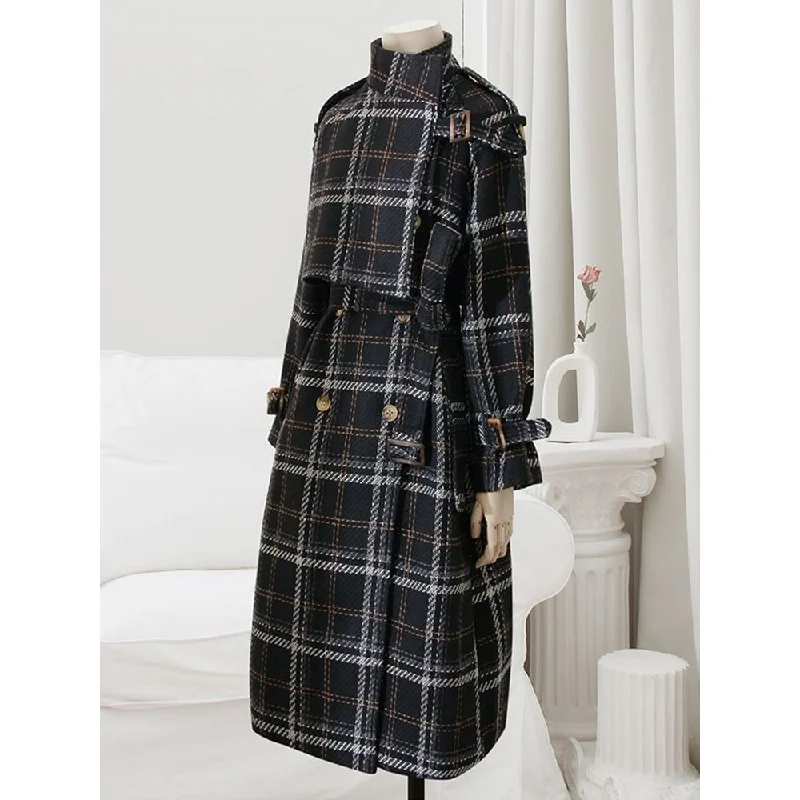 Anniversary Sale LAUTARO Women's Fine Fashion Elegant Luxury Black Plaid Style Long Wool Coat Jacket Anniversary Sale LAUTARO Women's Fine Fashion Elegant Luxury Black Plaid Style Long Wool Coat Jacket