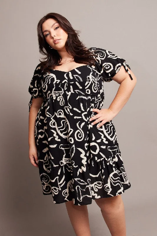 Price Reduction Black Abstract Tie Sleeve Sweetheart Neck Minidress