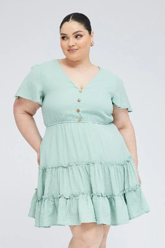 Midnight Sale Green Fit And Flare Dress Short Sleeve V-neck