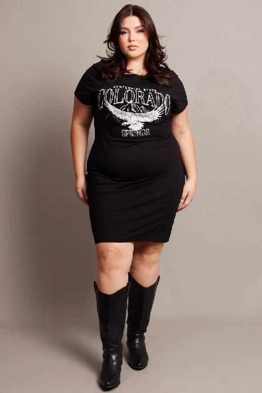 Deal Alert Black Graphic Dress Short Sleeve Crew Neck