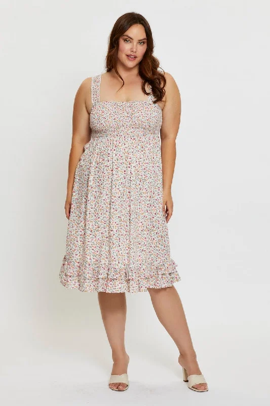 Stock Clearance Floral Print Midi Dress Scoop Neck Sleeveless