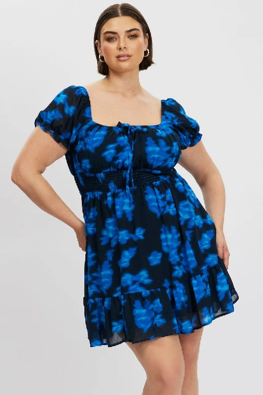 Hot Deal Blue Abstract Bow Front Shirred Waist Mini Dress