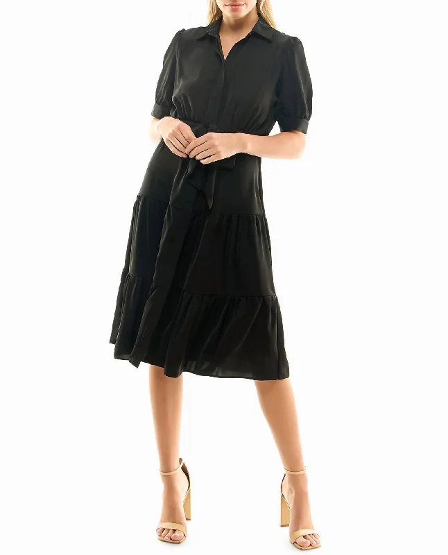 Stock Clearance Katy Silk Midi Shirt Dress In Very Black