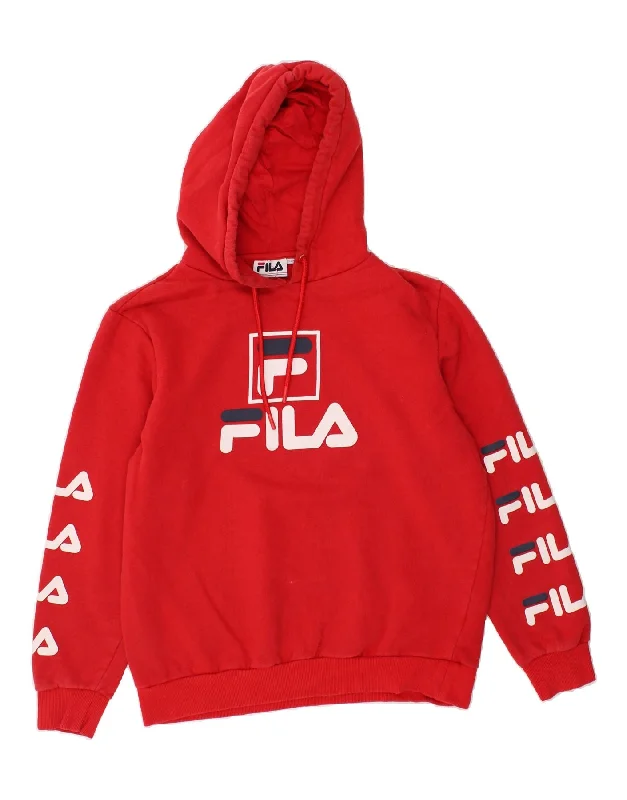 Daily Deals FILA Womens Graphic Hoodie Jumper UK 12 Medium Red Cotton