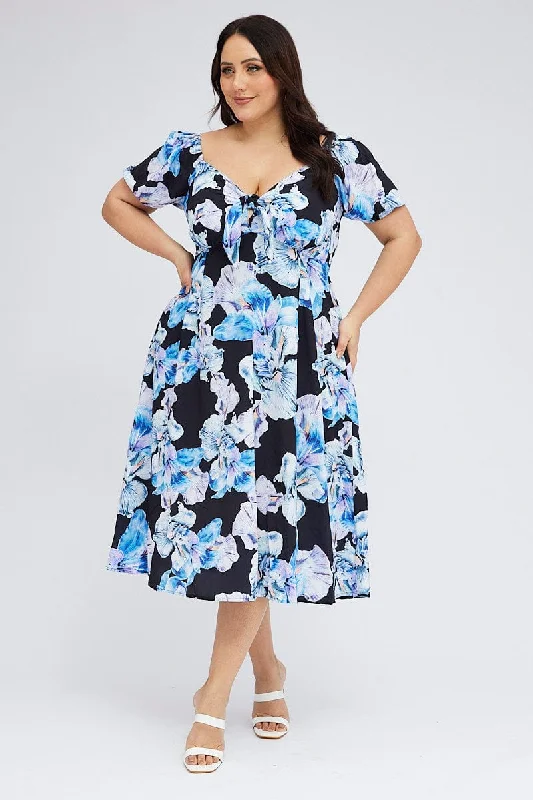 Bonus Savings Black Floral Midi Dress Tie Front Puff Sleeve