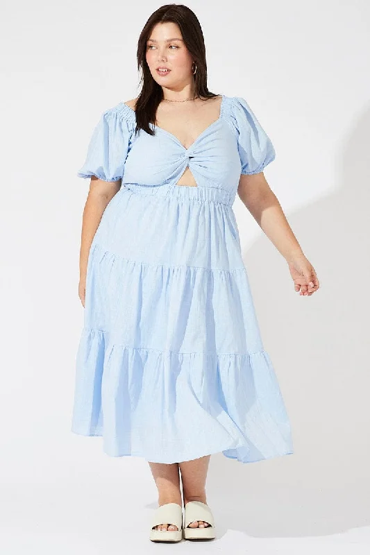 Act Now Blue Midi Dress Short Sleeve Tiered Cotton