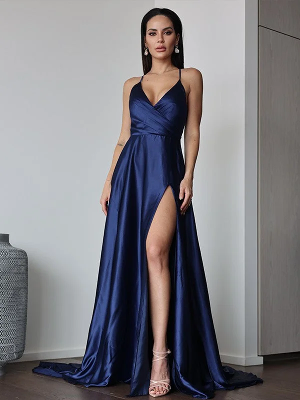 Price Blitz A-Line/Princess Silk Like Satin Ruched V-neck Sleeveless Sweep/Brush Train Dresses Price Blitz A-Line/Princess Silk Like Satin Ruched V-neck Sleeveless Sweep/Brush Train Dresses