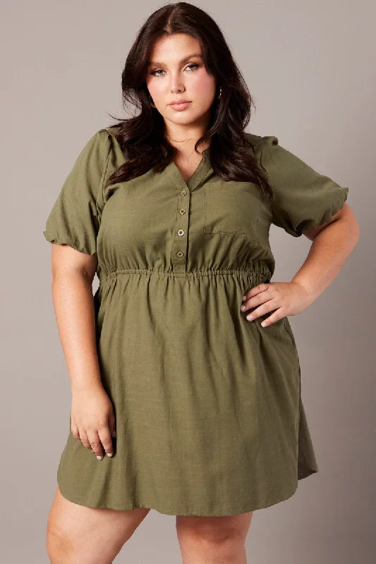 New Deals Green Puff Sleeve Curve Hem Shirt Dress