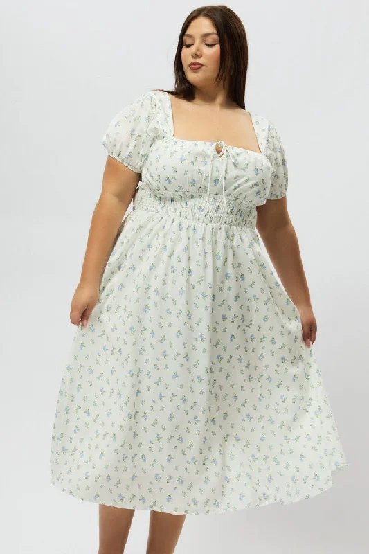 Factory Direct Sale Blue Ditsy Midi Dress Short Sleeve Ruched Bust