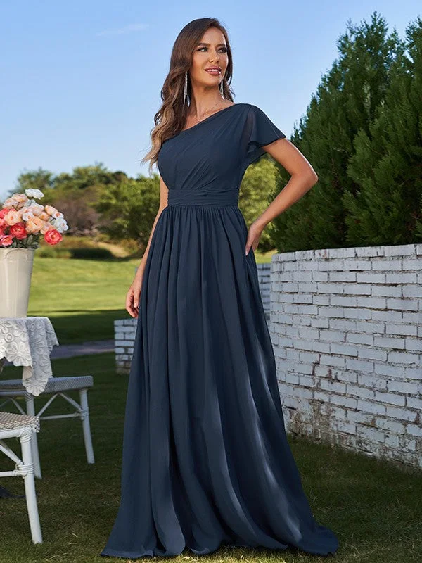 Super Bargain A-Line/Princess Chiffon Ruched One-Shoulder Short Sleeves Floor-Length Bridesmaid Dresses