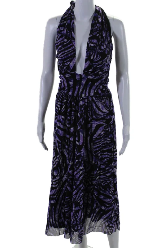 Warehouse Sale Fuzzi Womens Purple Printed Halter Neck Sleeveless Shift Dress