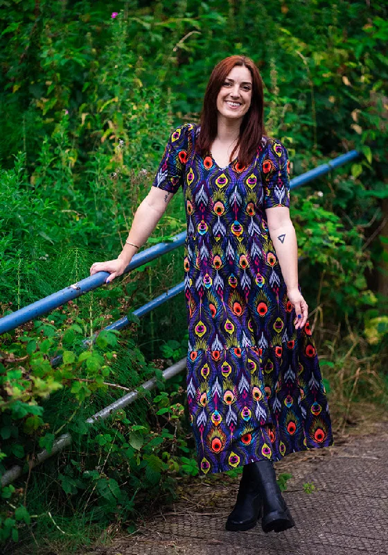 Deal Mania Nemali Peacock Feathers Print Cotton Midaxi Dress
