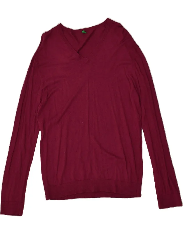 Weekend Flash Sale BENETTON Womens V-Neck Jumper Sweater UK 14 Medium Burgundy