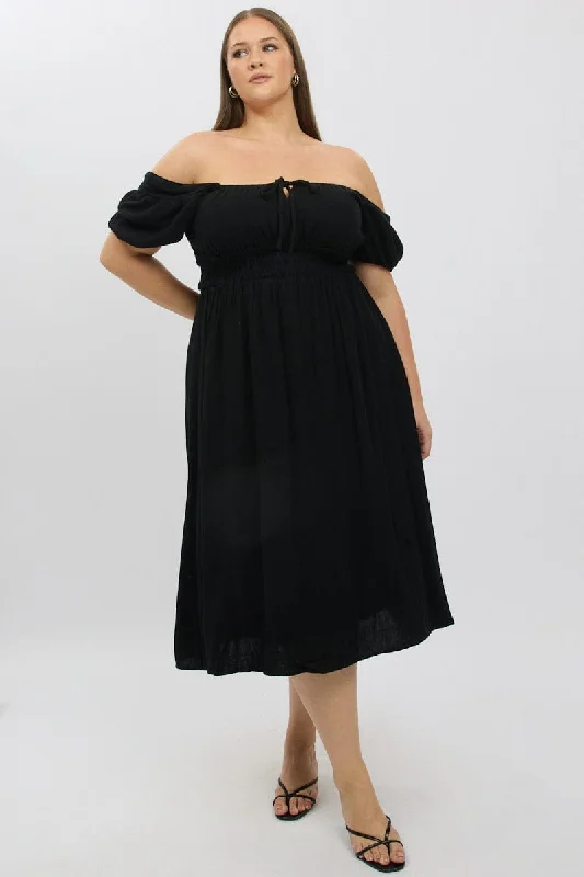 Limited Time Discount Black Midi Dress Short Sleeve Ruched Bust Linen Blend