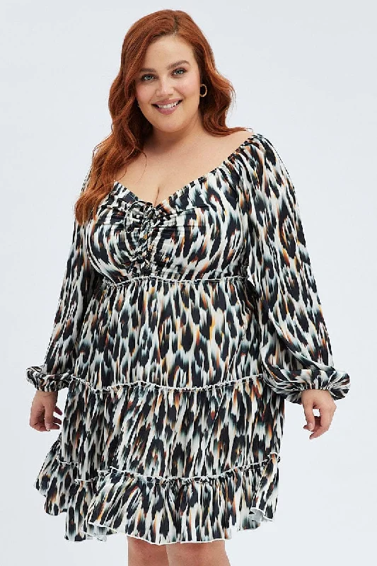 Mega Sale Multi Animal Print Mini Dress Gather Front Abstract Leopard Satin