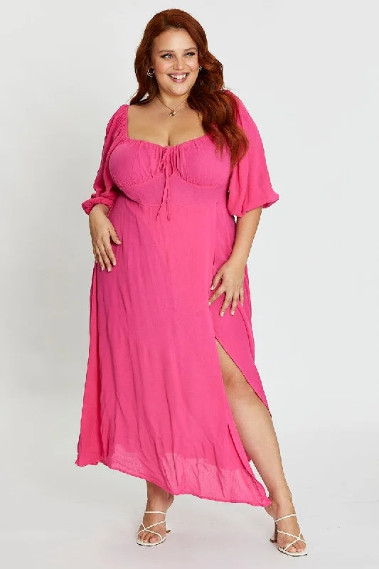 Must-Have Deals Hot Pink Maxi Dress Scoop Neck Short Sleeve Front Split