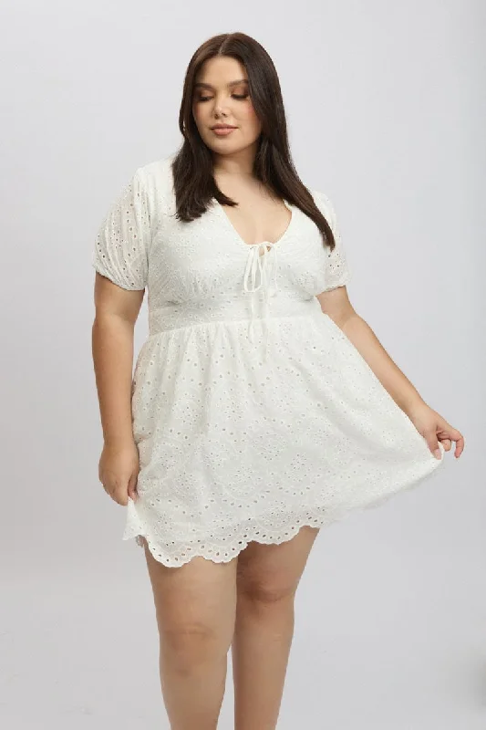 Overstock Sale White Tie Front Eyelet Lace Minidress