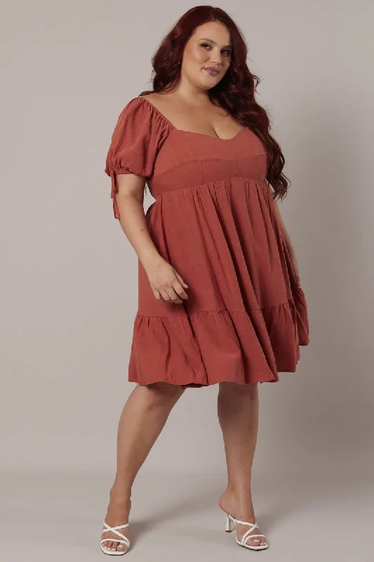 Closeout Brown Skater Dress Puff Sleeve Frill Hem